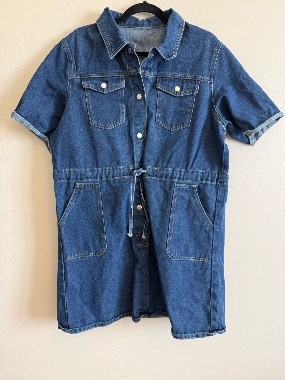 Denim Button-Front Short Sleeve Dress with Drawstring Waist - Blue #P142